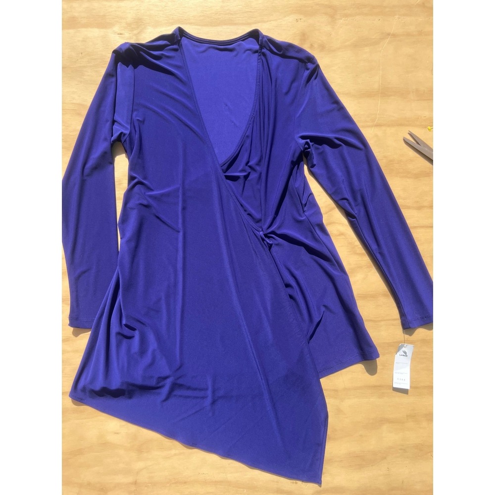 New Royal Blue Asymmetrical Wrap Tunic Top Long Sleeve Draped Front Large